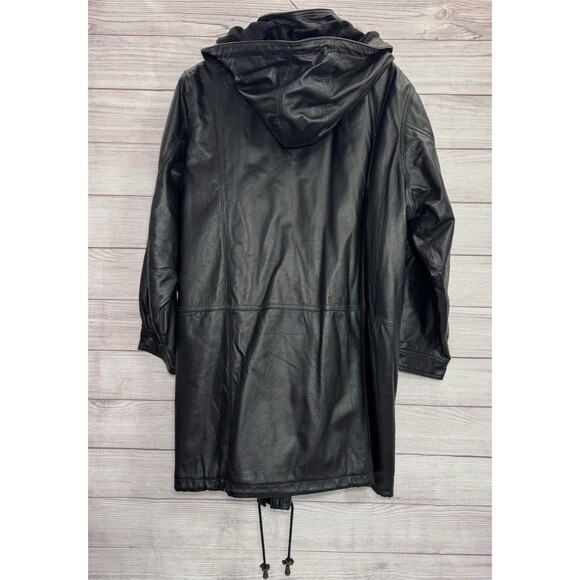 Veranesi Women's Genuine Leather Coat 28W Plus Black Faux Fur Lined Hood Parka - Picture 6 of 16